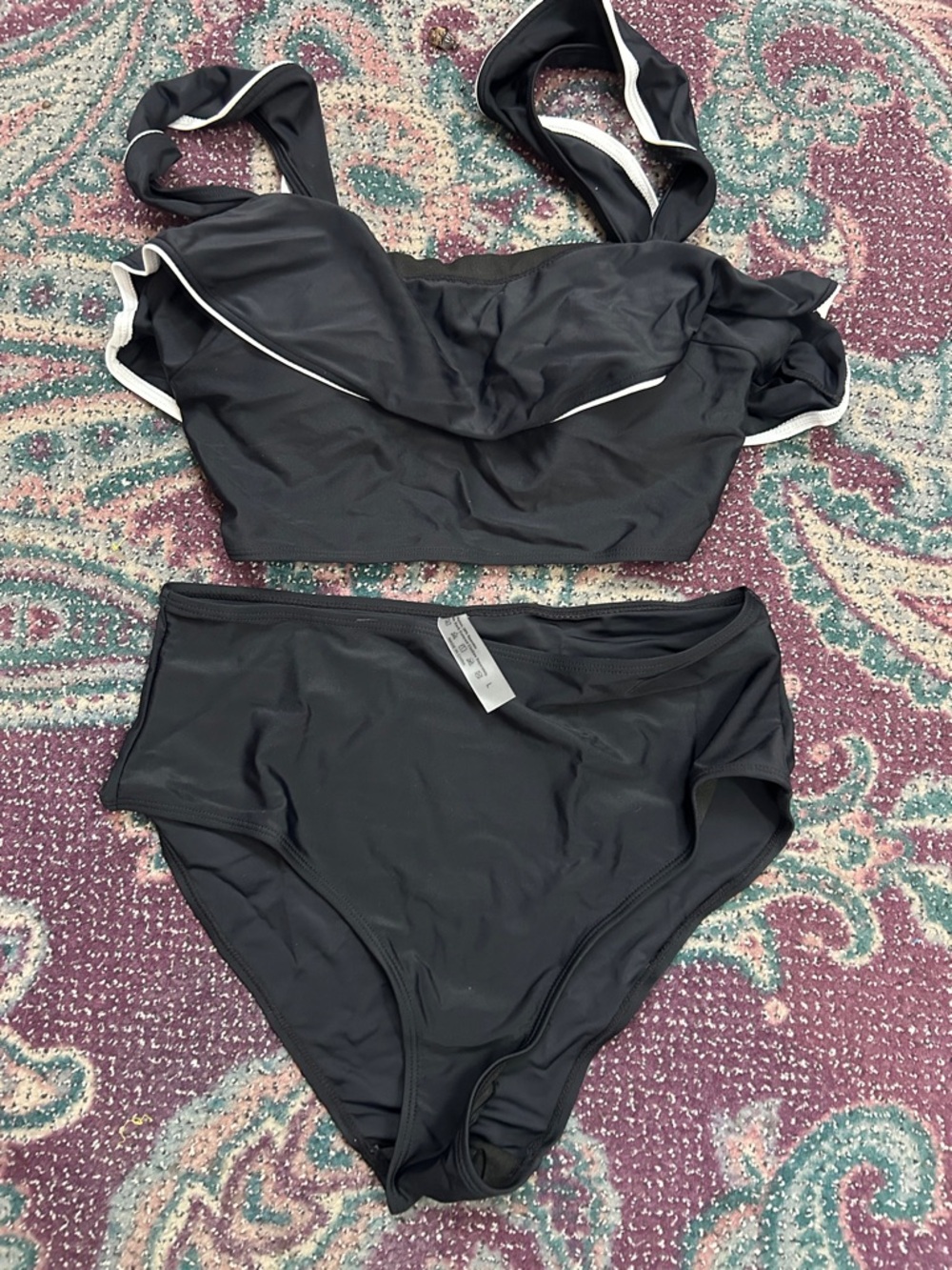 SHEIN Black Two-Piece High-Waist Bikini with White Trim